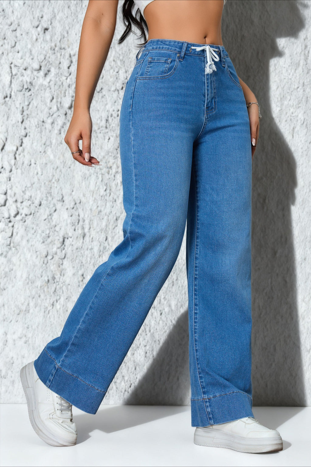 Drawstring Stretch Relaxed Straight Jeans