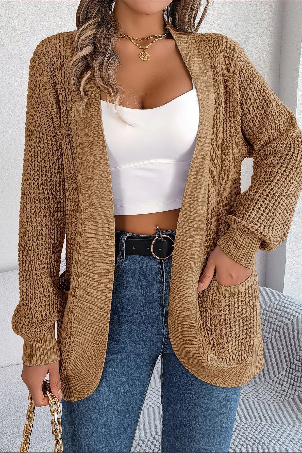 Loose Knit Pocket Cardigan Khaki / S