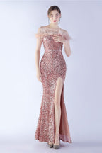 Velvet Sequin Ostrich Feather Off Shoulder Formal Dress