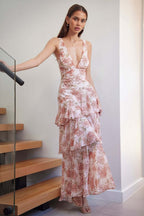 Chiffon Halter Slim Ruffle Maxi Floral Dress