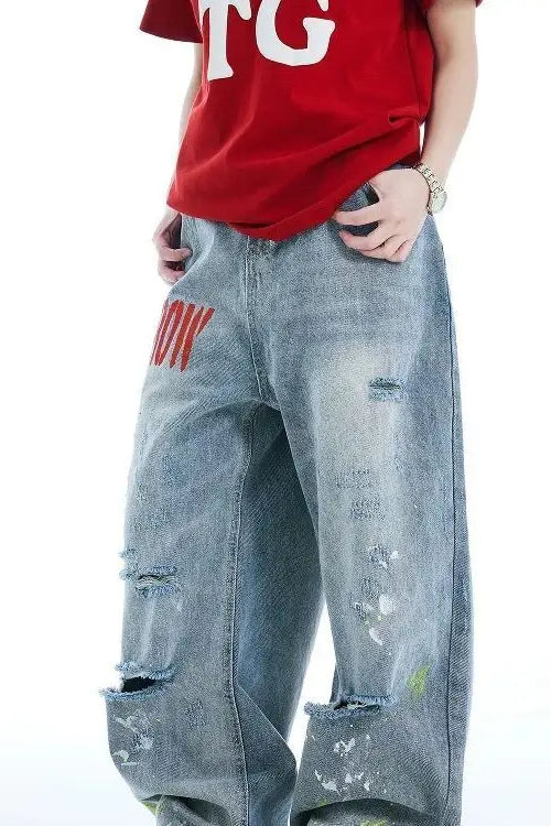 Washed Embroidered Loose Jeans Blue / S Main image