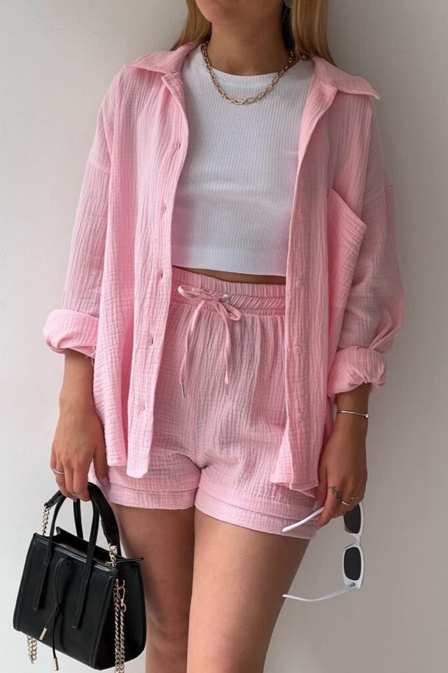 Textured Lapel Long Sleeve Top High Waist Shorts Set Main image