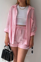 Textured Lapel Long Sleeve Top High Waist Shorts Set