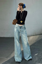 Washed Wide Leg Distressed Jeans