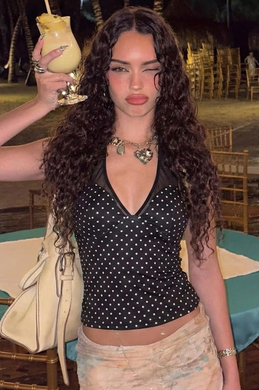 Black Polka Dot Mesh Patchwork Slim Halter Top Main image