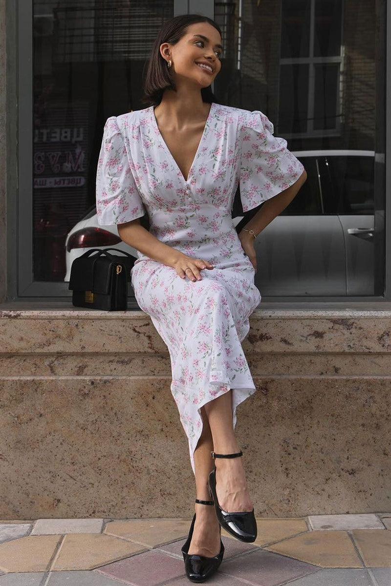 V Neck Short Sleeve Maxi Floral Dress