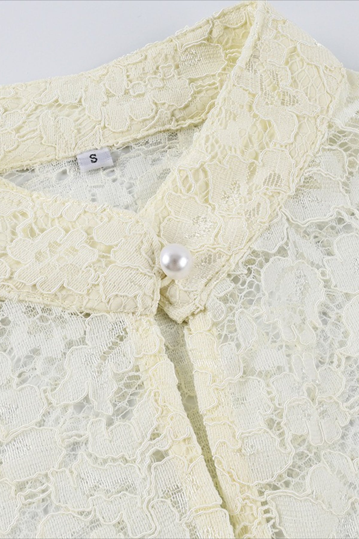 Pearl Button Sheer Lace Long Sleeve Blouse