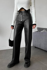 Chic Leather Patchwork Slim Straight Pants