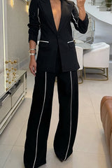 Contrast Color Relaxed Fit Blazer Casual Pants Set