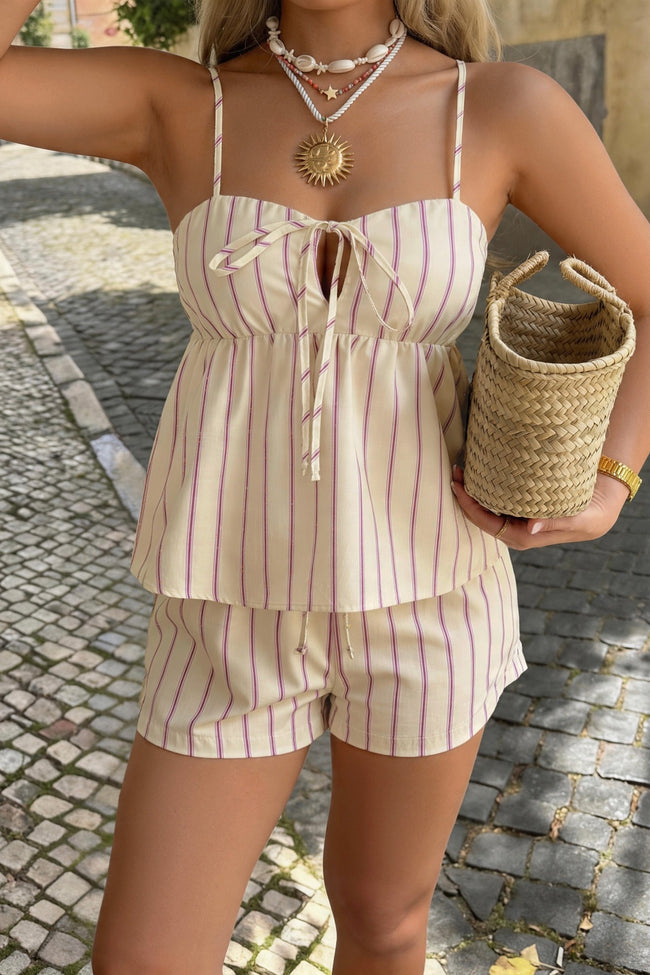 Relaxed Fit Stripe Lace Up Shorts Set Main image