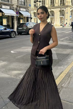 Button Front Two Piece Knit Vest Skirt Set