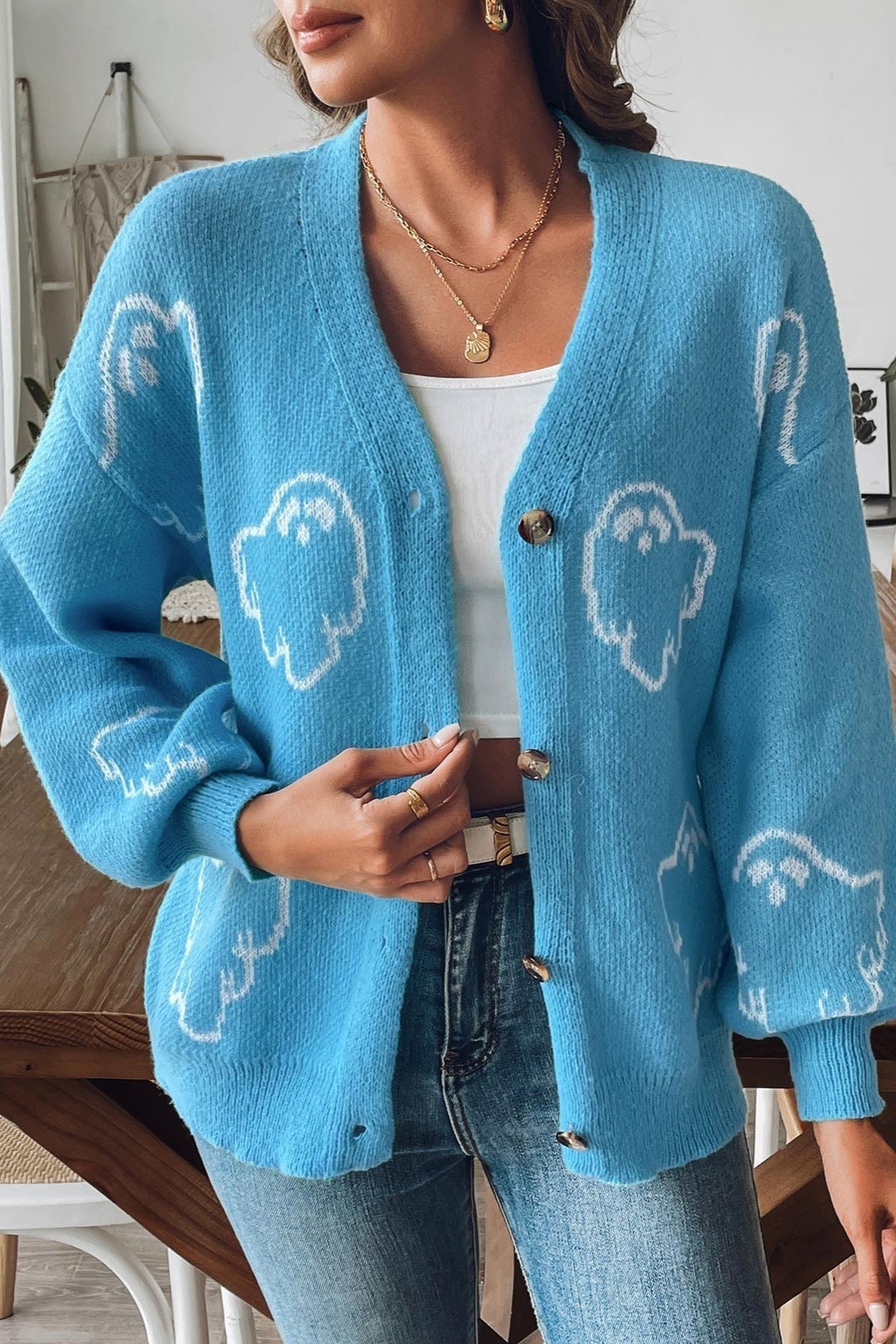 Jacquard Button Cardigan S / Blue Main image