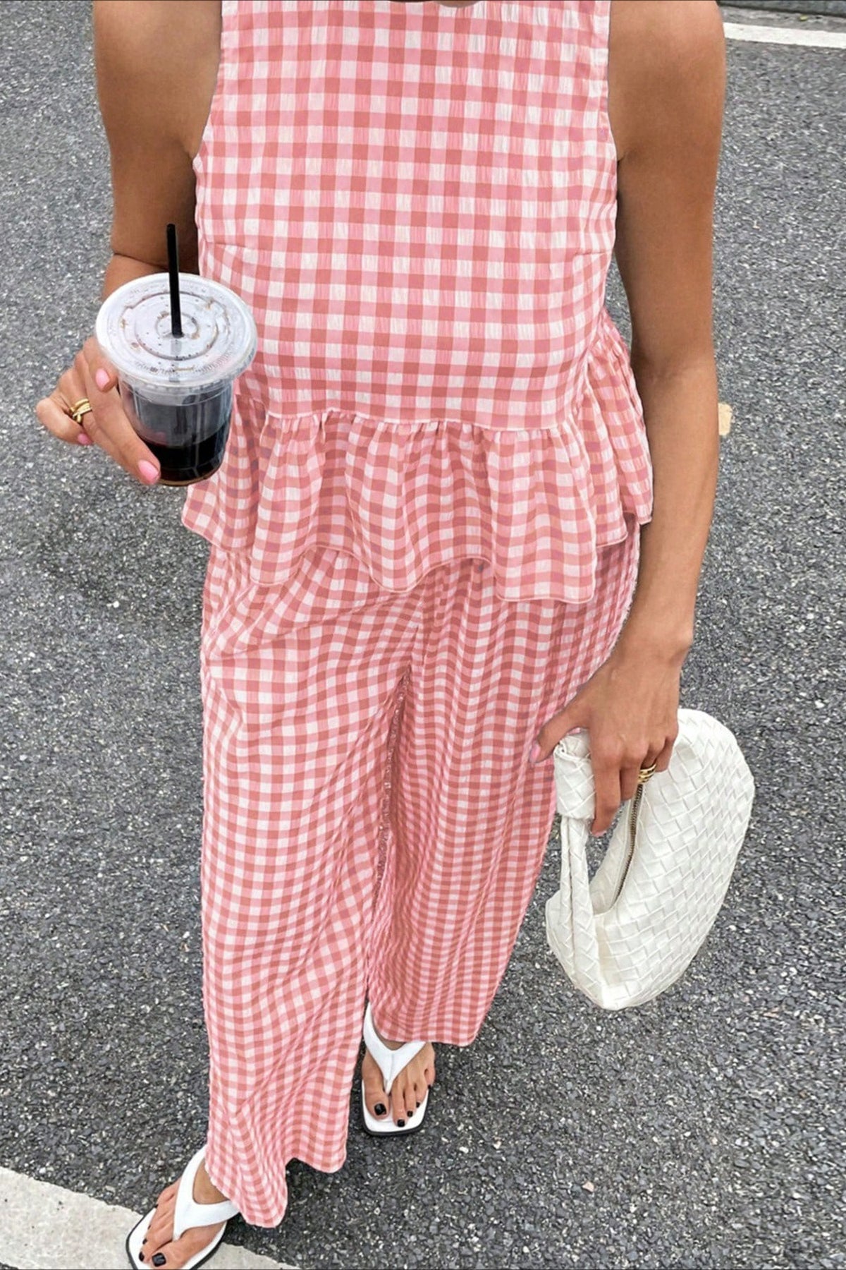 Plaid Ruffle Hem Round Neck Sleeveless Pants Set Secondary image