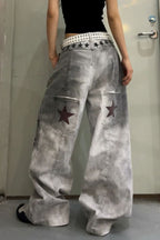 Distressed Letter Print Dirty Wash Wide Leg Jeans