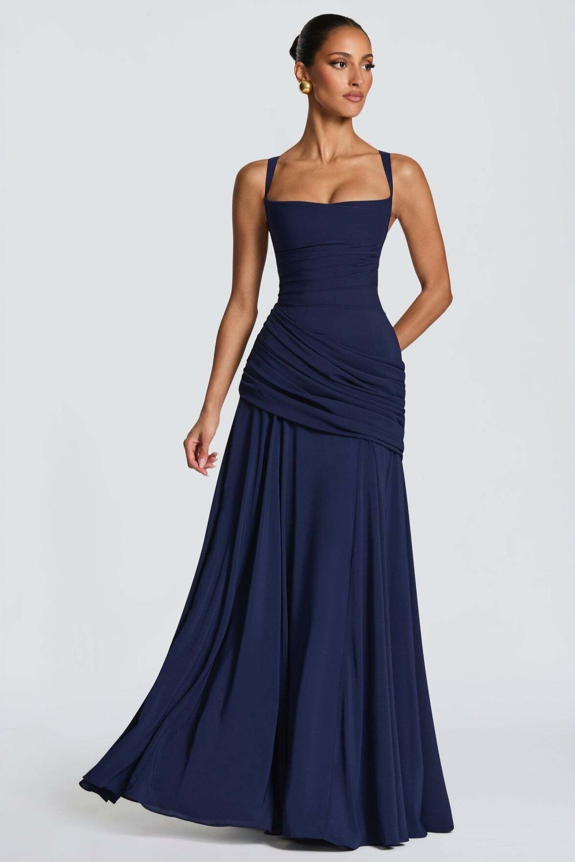 Square Neck Ruched Milk Silk Formal Dress