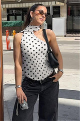 Polka Dot Halter Backless Tie Shoulder Crop Top