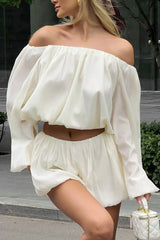 Off Shoulder Long Sleeve Crop Top Bloomers Shorts Set