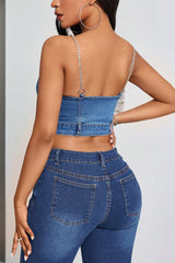 Denim Spaghetti Strap Deep V Crop Top