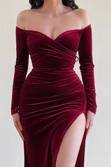 Sexy One Shoulder High Slit Elegant Velvet Dress