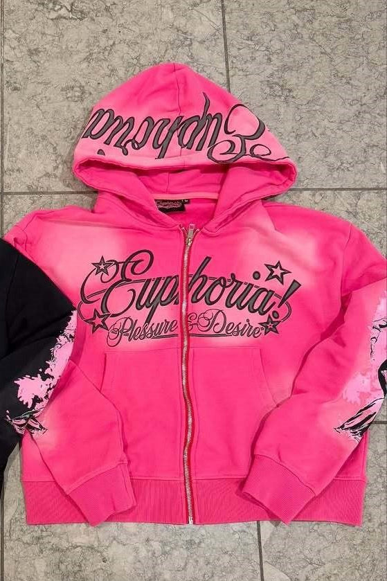Rhinestone Script Zip Up Hoodie