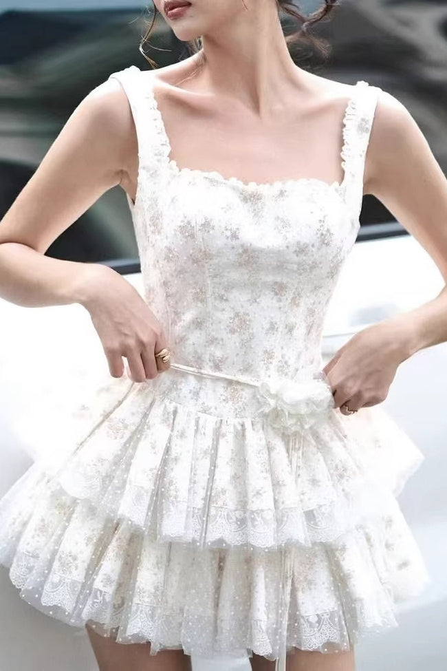 Square Neck Lace Layered Mini Floral Dress Main image