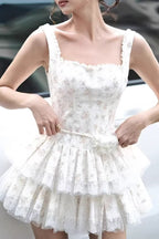 Square Neck Lace Layered Mini Floral Dress