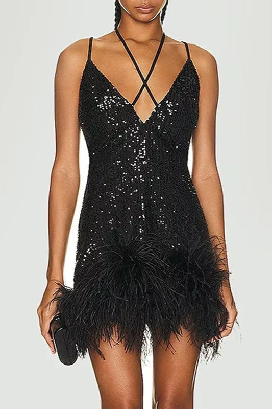 Glitter Panel Feather Trim Dress Secondary image