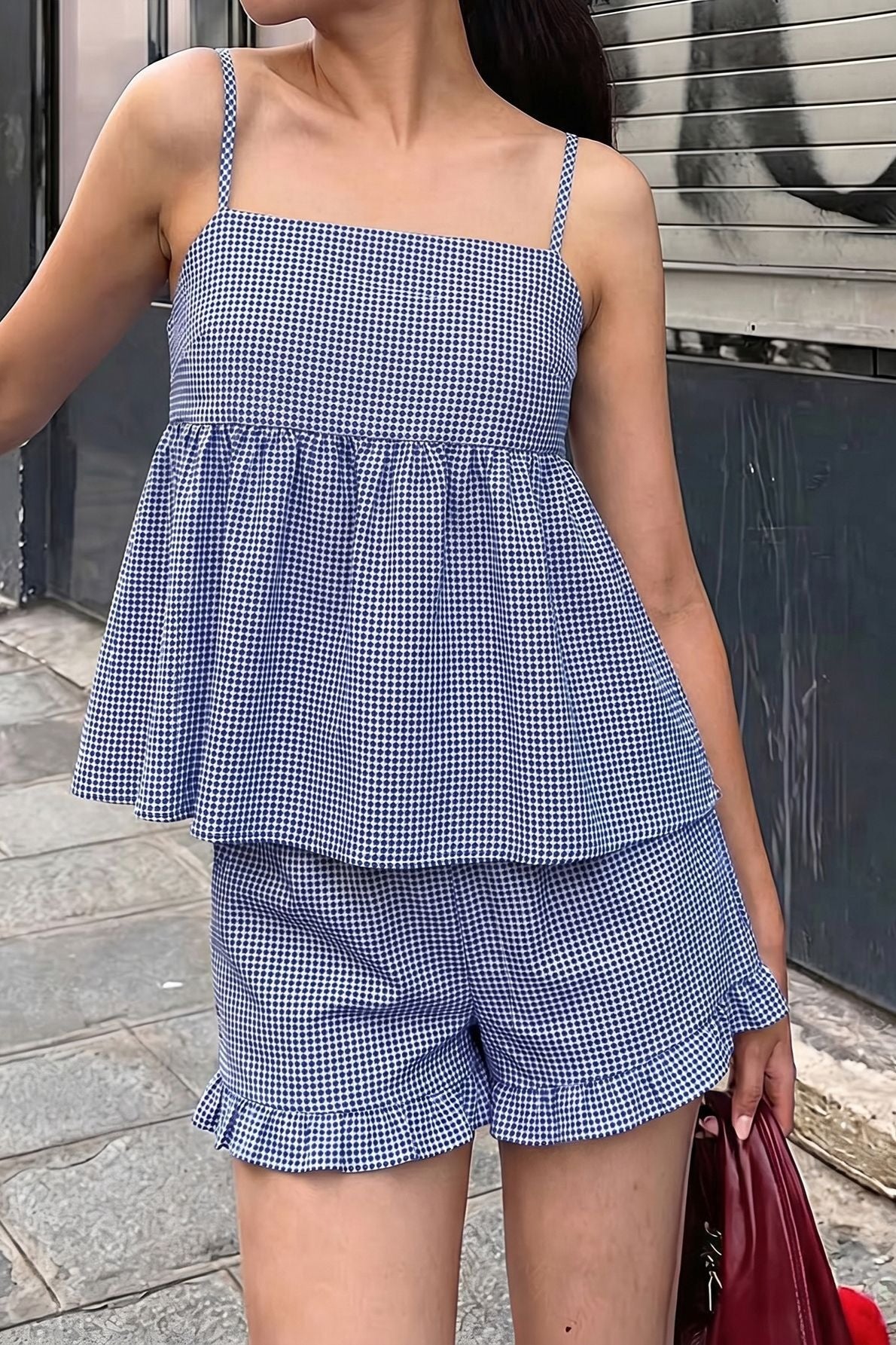 Blue White Plaid Spaghetti Strap Shorts Set