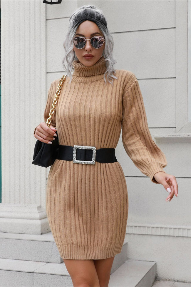Short Ribbed Turtleneck Sweater Dress S / Khaki Main image