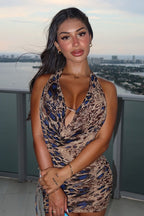 Leopard Print V Neck Halter Tie Back Crop Top Low Rise Skirt Set
