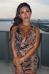 Leopard Print V Neck Halter Tie Back Crop Top Low Rise Skirt Set