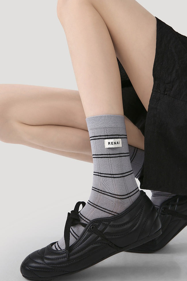 5 Pack Striped Polka Dot Ribbed Cuff Micro Mesh Cotton Socks Main image