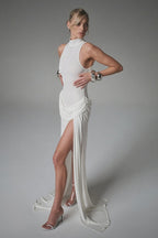 High Neck Ruched Side Slit Formal Dress