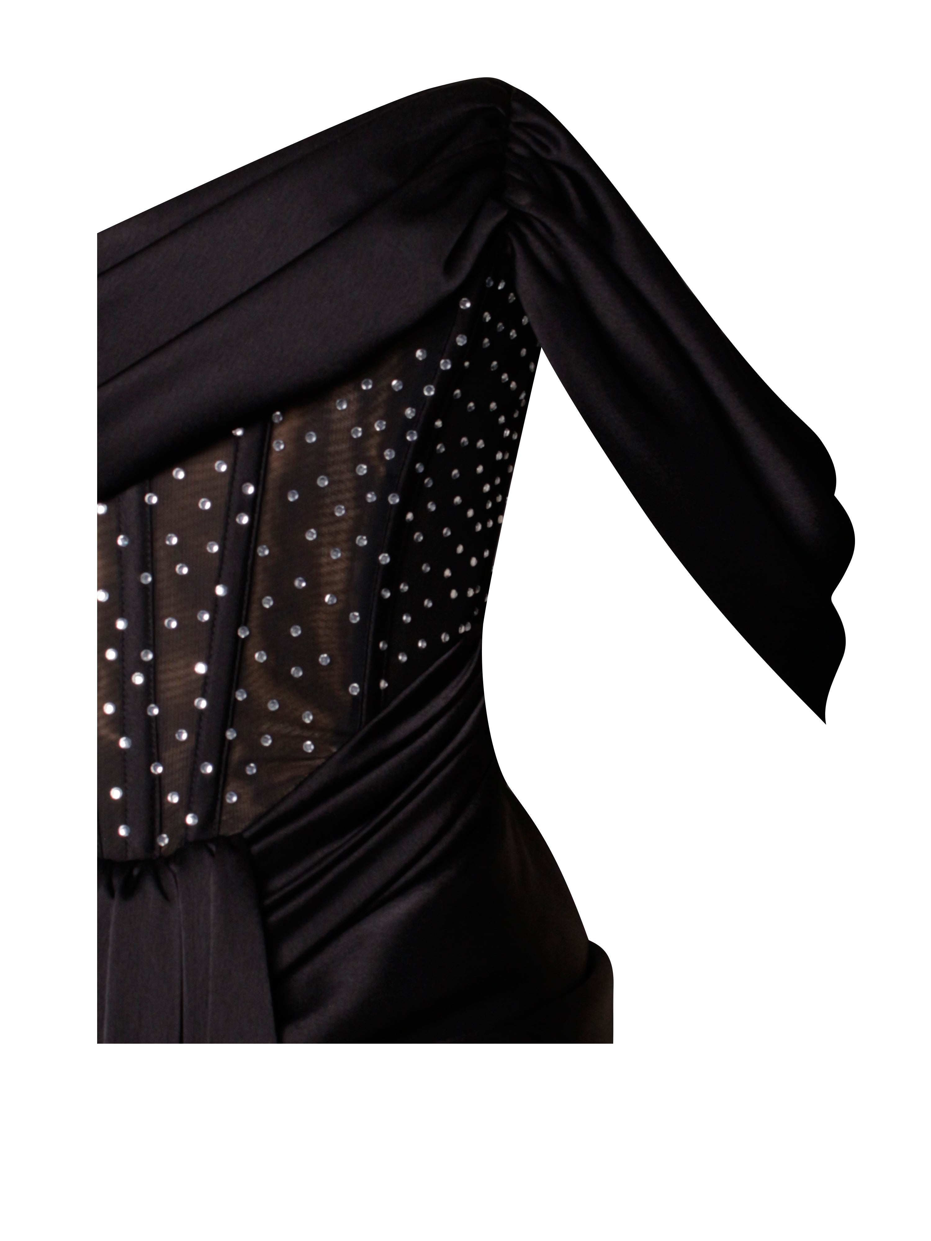 Stella Black Off Shoulder Graceful Crystal Corset Satin Gown Dresses
