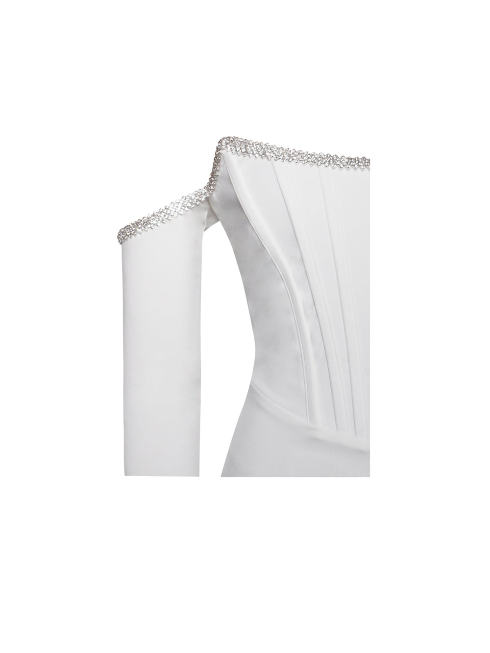 Annika White Off Shoulder Long Trendy Sleeve Corset Dress With Crystal Trim Dresses