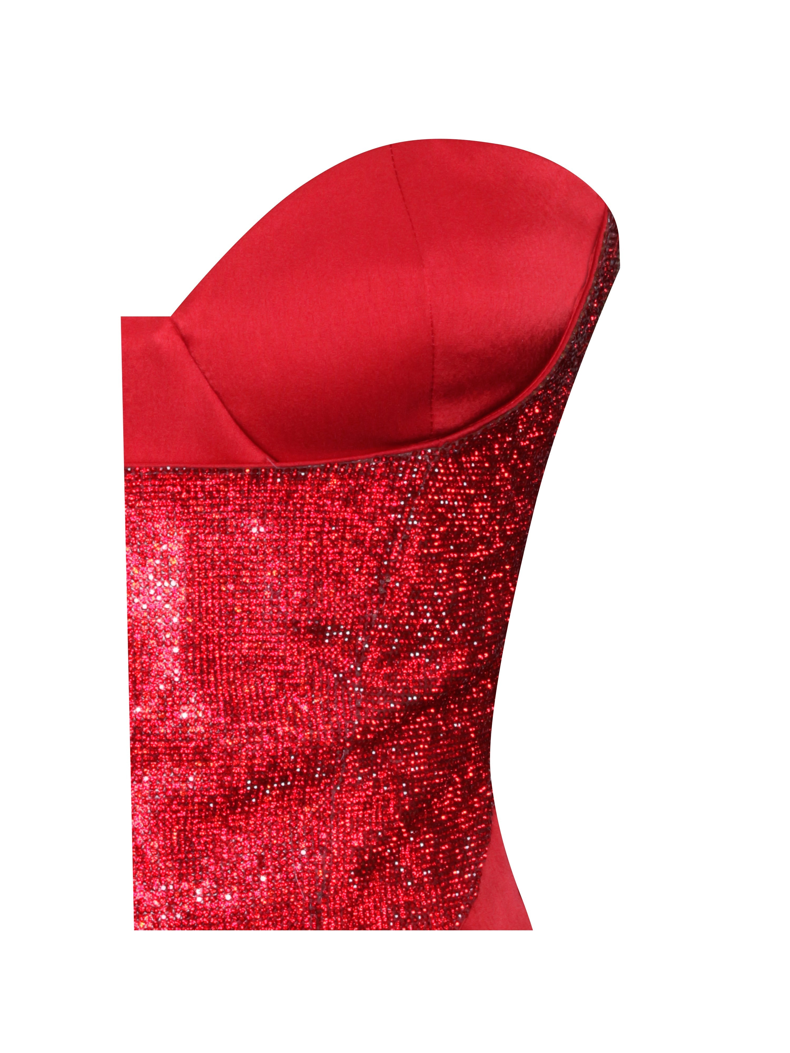 Kadesha Red Crystal High Graceful Slit Satin Corset Gown Dresses