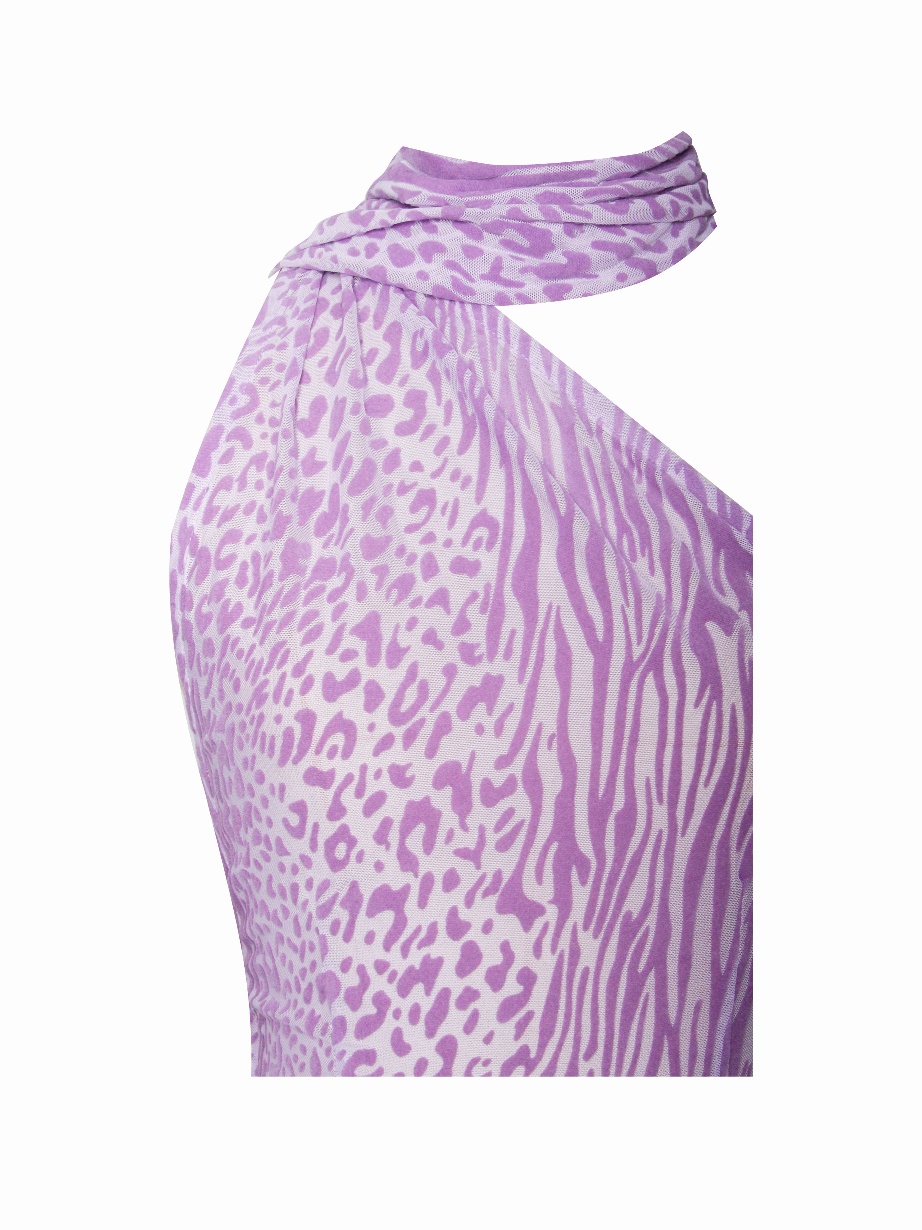Olena Purple Burnout Velvet Animal Trendy Print Mesh Halter Neck Maxi Dress Dresses