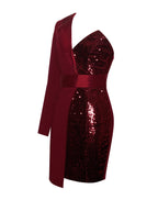 Silver Night Wine Red Graceful Sequin Crepe Tuxedo Blazer Dress Dresses