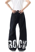 Rock Typography Stud Double Waist Jeans