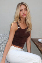 Solid Asymmetric Collar Sleeveless Tie Waist Crop Top