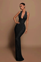 Sequin Plunging Halter Formal Dress
