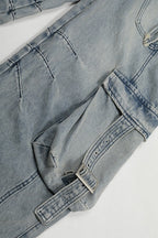 Washed Buckle Cargo Wide Leg Jeans