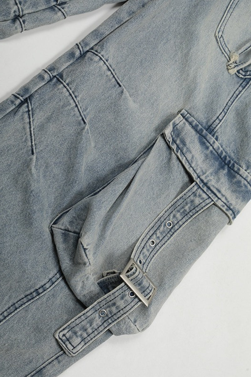 Washed Buckle Cargo Wide Leg Jeans