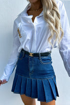 Pleated Paneled Denim Mini Skirt
