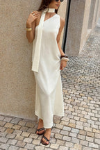 Asymmetrical Shoulder Draped Tie Detail Maxi Dress