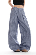 Blue Plaid Pleated Wide Leg Pants