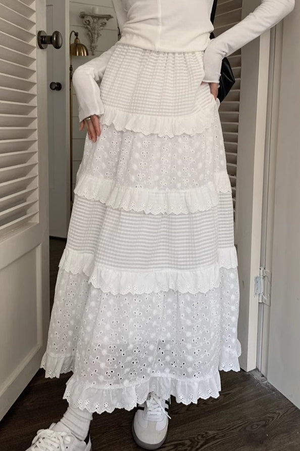 White Lace Tiered High Waist Boho Skirt