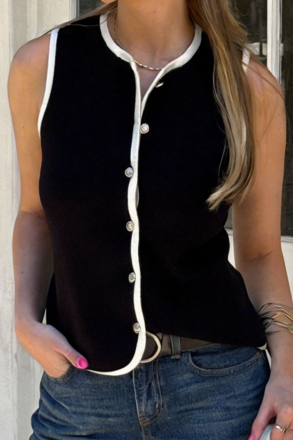 Contrast Trim Waist Cinched Knit Vest Tank Top