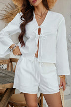 Casual Button Cardigan Beach Shorts Set