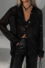 Sexy Sequin Lapel Long Sleeve Shirt